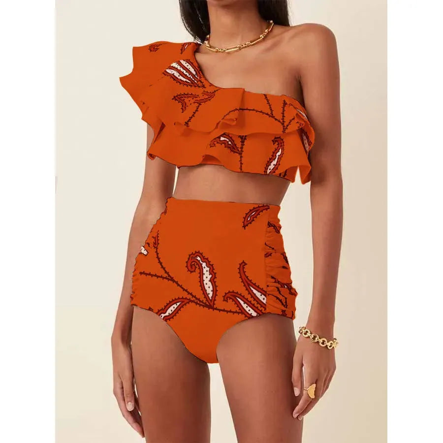Women's high waist bikini suit with oblique shoulder ruffles and printed patterns in multiple colour options