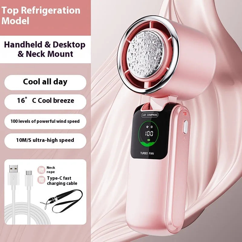 Blue foldable handheld mini fan with neck strap, showing USB port and speed buttons.
