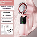 Blue foldable handheld mini fan with neck strap, showing USB port and speed buttons.