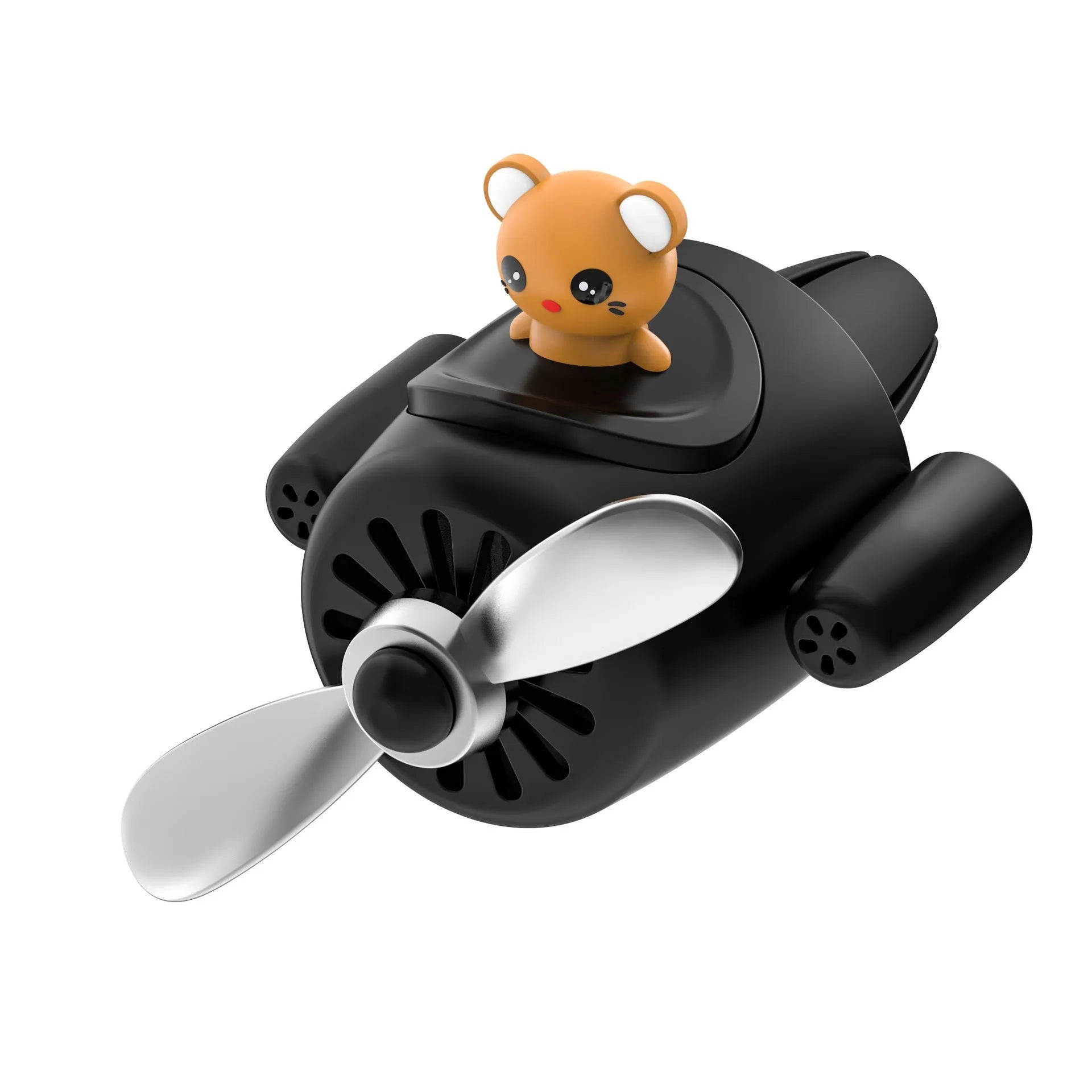 Cartoon aeroplane-shaped plastic clip for car air vent, includes fragrance slices, in black, blue, orange, or pink.