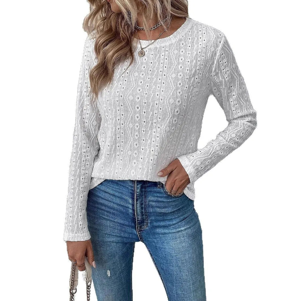 White hollow knit polyester T-shirt with round neck and long sleeves on hanger
