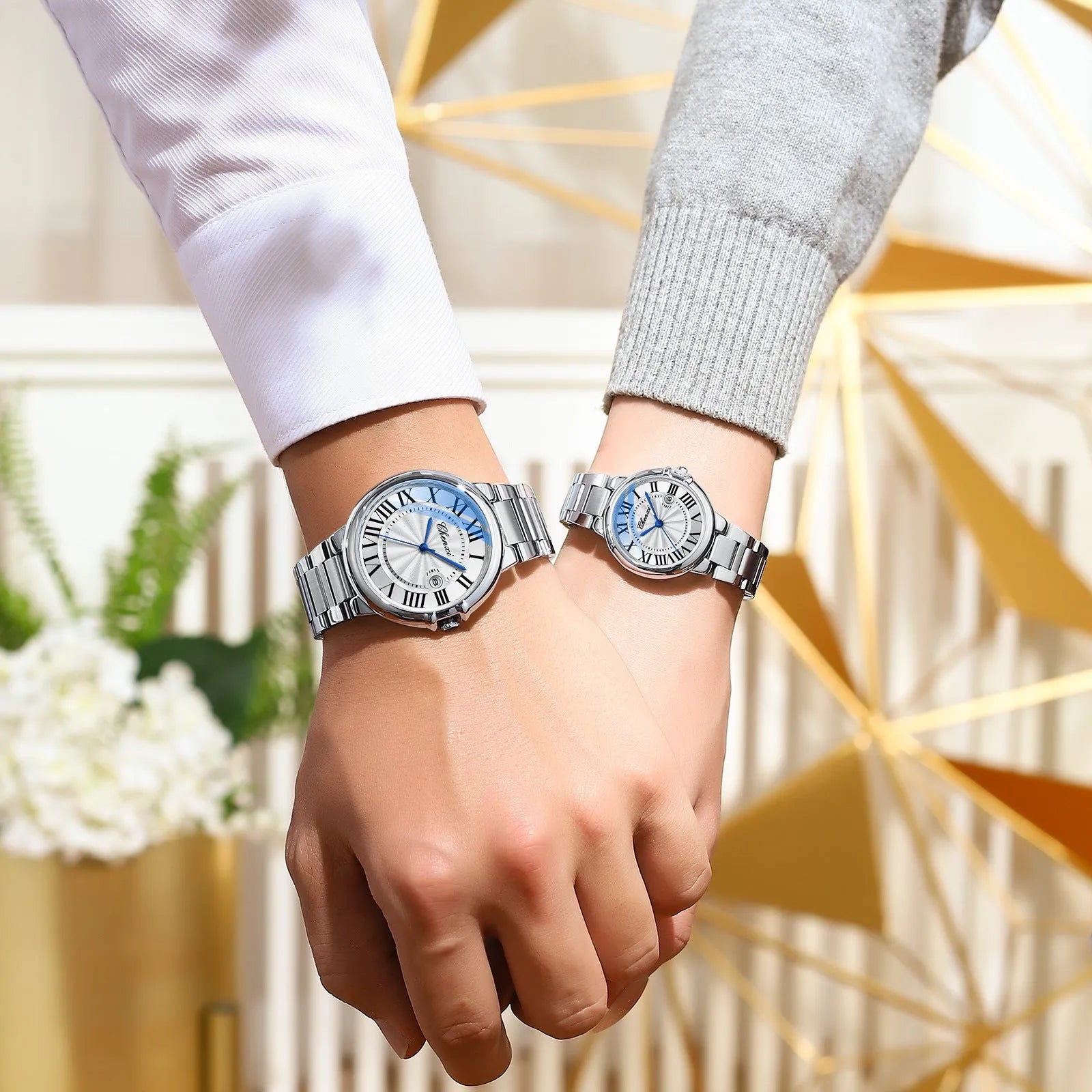 Roman couple watches steel belt calendar luminous waterproof silver shell
