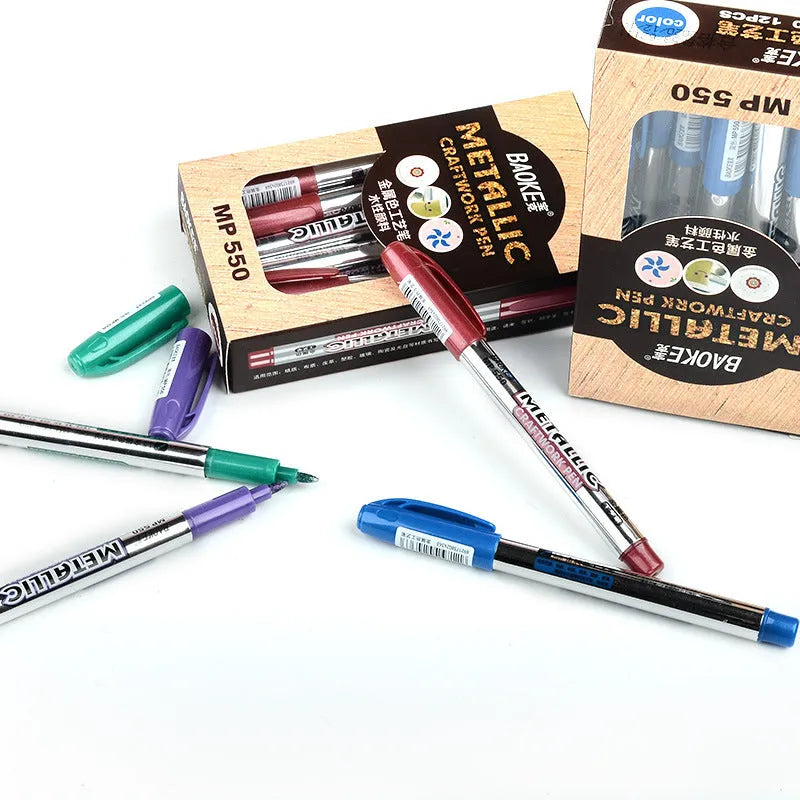 Baoke 550 metal marker pen with 1.5mm single head, 14cm ink pen body, shown in gold and silver refill colours.