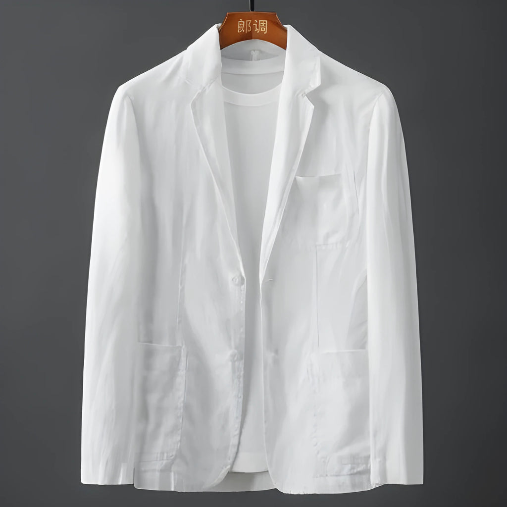 Men's slim fit linen suit jacket in blue with nine-point sleeves on a hanger.