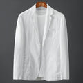 Men's slim fit linen suit jacket in blue with nine-point sleeves on a hanger.