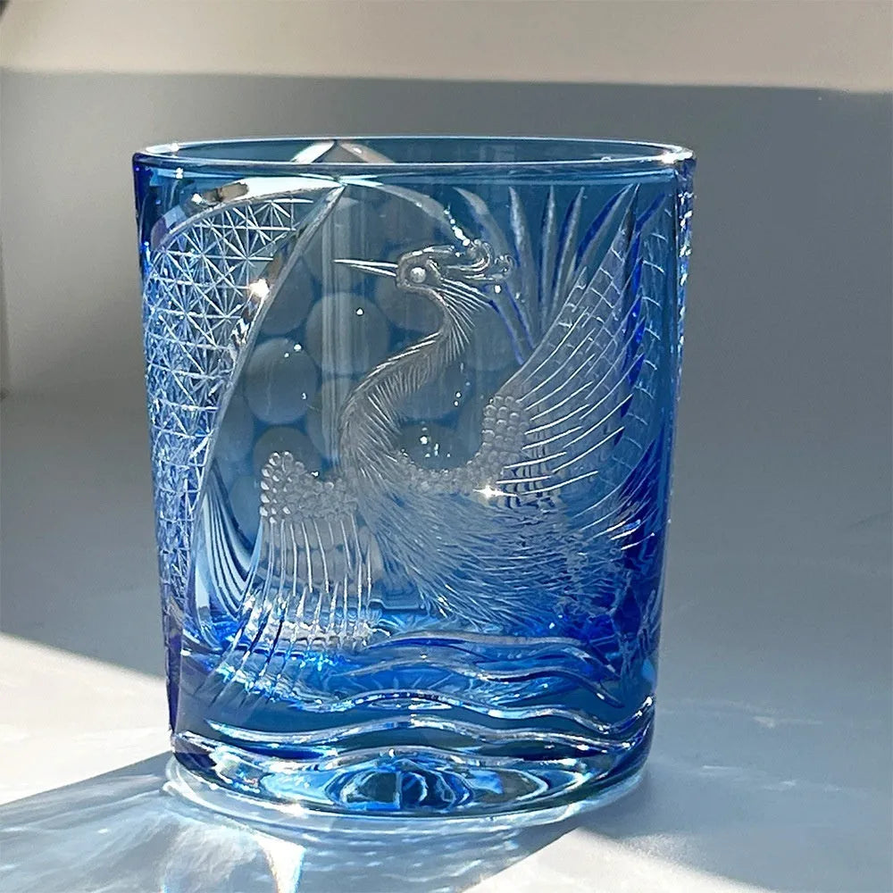 Crystal glass hand carved whiskey shot glass in crane water blue sky blue colour 90x100mm