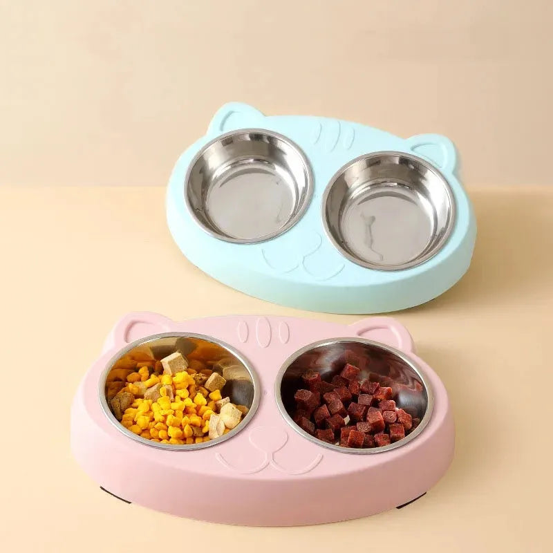 Blue plastic pet feeder tray with two bowls for cat or dog food and water