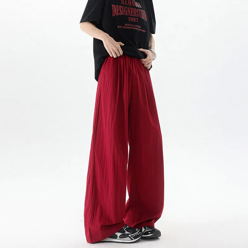 Men's high-waist wide-leg casual trousers in thin polyester blend, long mopping style, available in nine colours