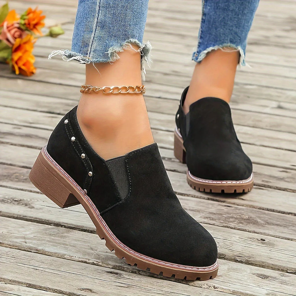 Plus size suede ankle boots with low chunky heel under 3cm, elastic band and metal detail in black or light brown