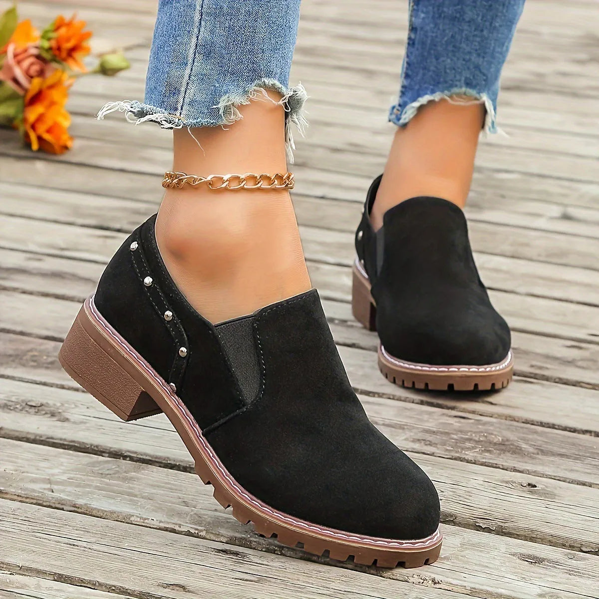 Plus size suede ankle boots with low chunky heel under 3cm, elastic band and metal detail in black or light brown