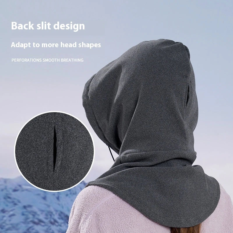 Versatile winter sports mask and hood made of soft, breathable fleece with adjustable drawstring for customized fit