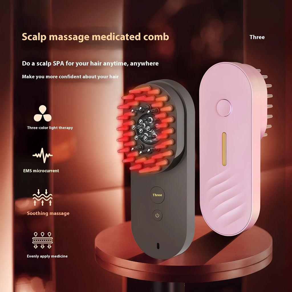 Smart massage comb with red light therapy in pink and black colours