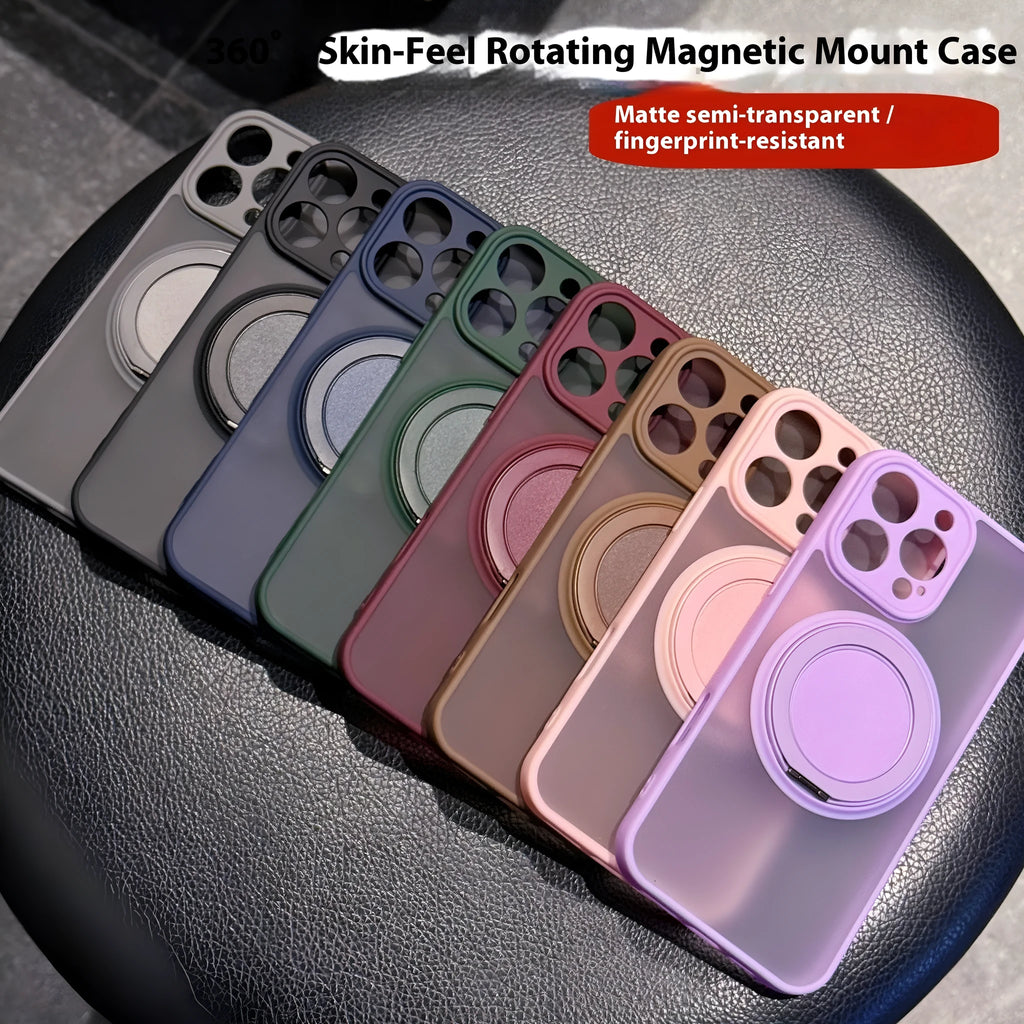 Frosted black phone case with integrated rotating magnetic bracket for IPhone 17 models on a table.