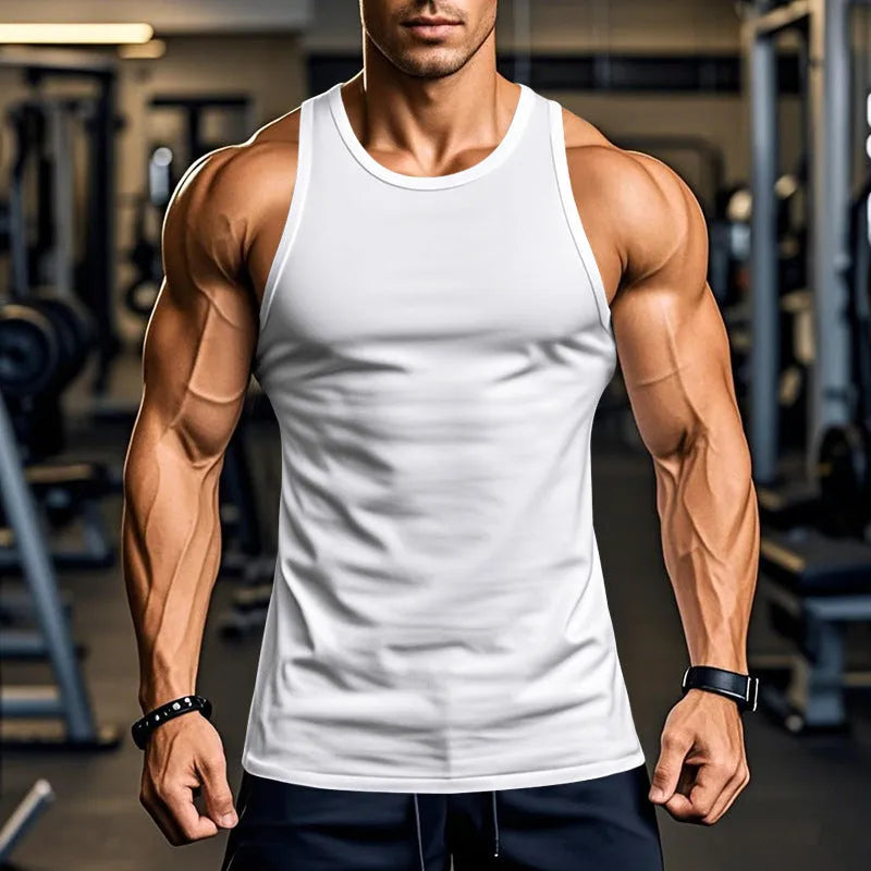 Men's black quick-dry polyester sports fitness vest with slim fit and straight hem on a model