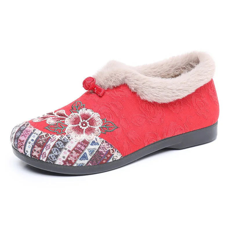 Flat bottom embroidery cotton shoes for women with floral pattern, round toe, PVC sole, available in multiple colours and sizes.
