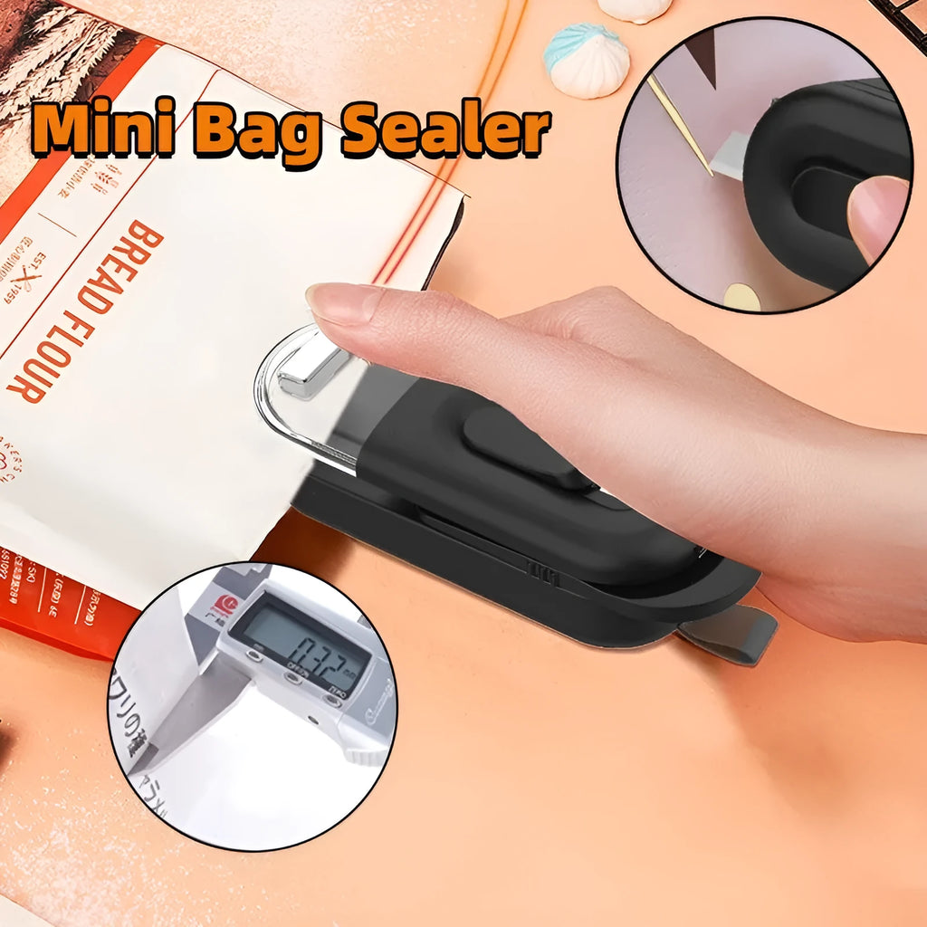 Handheld ABS bag sealer and resealer with cutter, battery powered, 100 x 38 x 35mm, in black, white or Lake Blue.