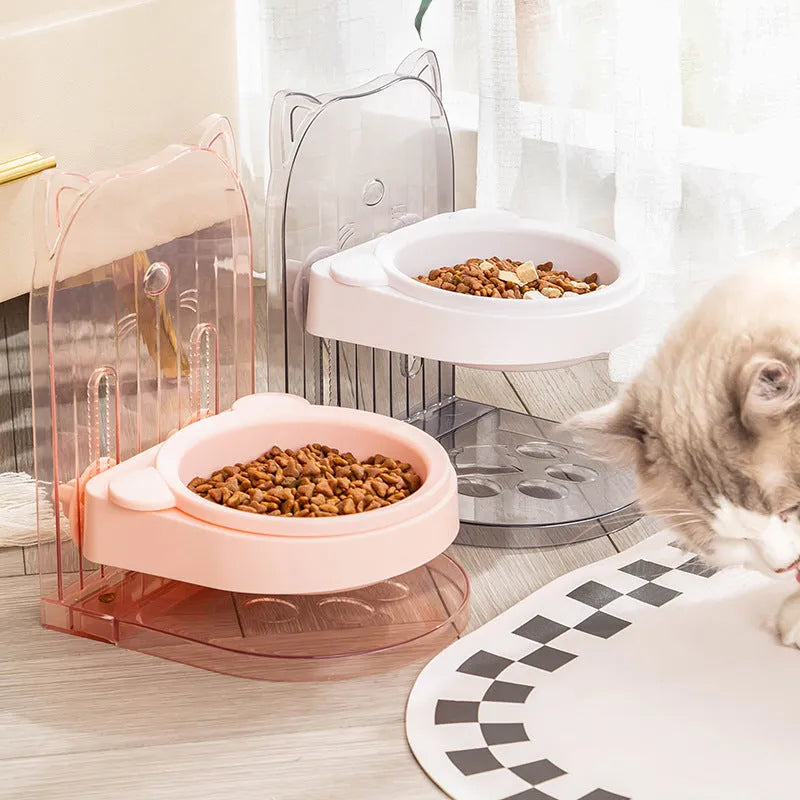 Grey adjustable height cat feeding bowl with ear design and neck protection