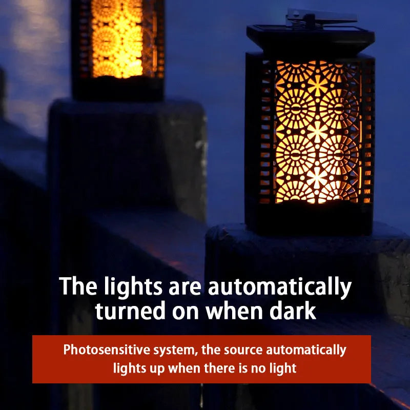 Solar garden light with flame lamp style for patio and balcony ambiance lighting