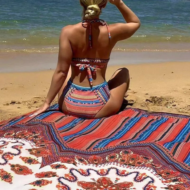 Women's three-piece swimsuit set in pictured colour, showing cutout sleeveless top, high-waist briefs, and a cover-up coat.