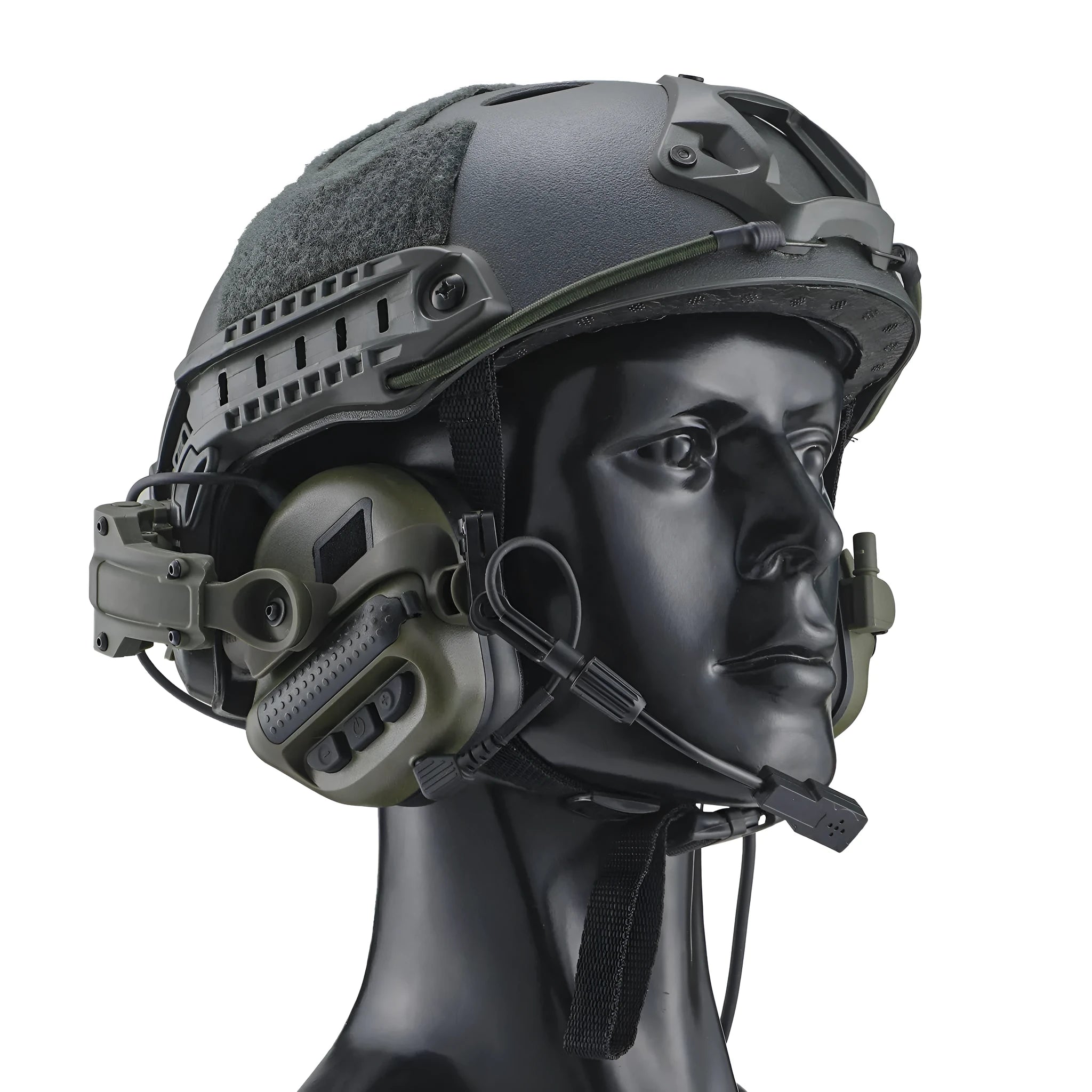Tactical helmet style noise cancelling headphones with wired U-174 plug, ABS nylon construction, black colour