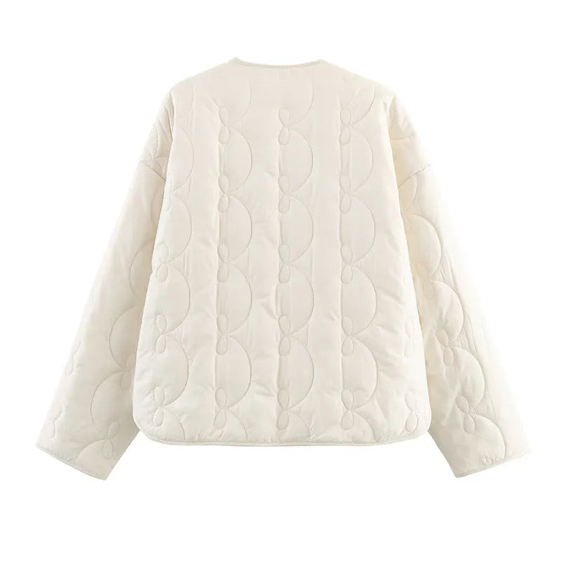Women's black polyester quilted coat with fixed bow detail, straight fit, 50cm length, size XS-L