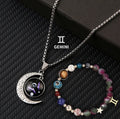 Natural stone zodiac necklace and bracelet set with 12 star sign style options including Aries and Leo