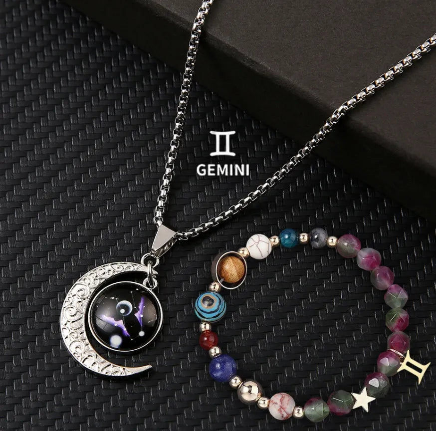 Natural stone zodiac necklace and bracelet set with 12 star sign style options including Aries and Leo