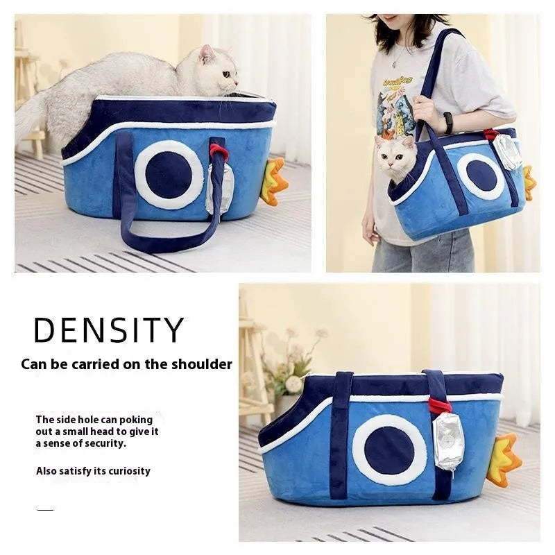 Shoulder cat bag with short plush lining in green, red stripes, or yellow colour options for small pet transport