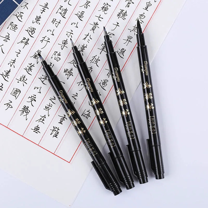 6-piece calligraphy pen set with soft brush nibs and plastic barrel in a gift box