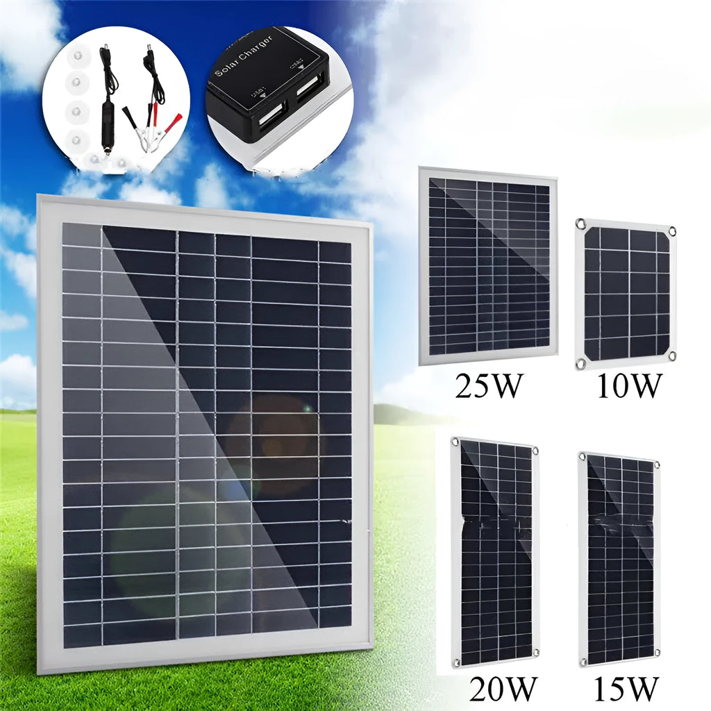 Polysilicon solar charging panel with dual USB ports for outdoor use.