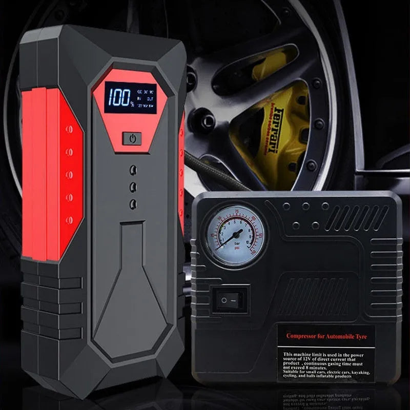 Red 12V car jump starter power bank with battery clamps and 18800mAh capacity