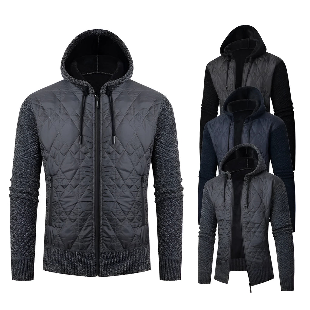 A grey men's hooded corduroy sweater coat with a cinched waist, shown on a model.