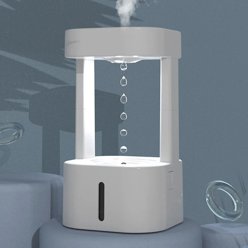 Anti-gravity water drop humidifier with coloured lights on a desk, showing water droplets appearing to float.