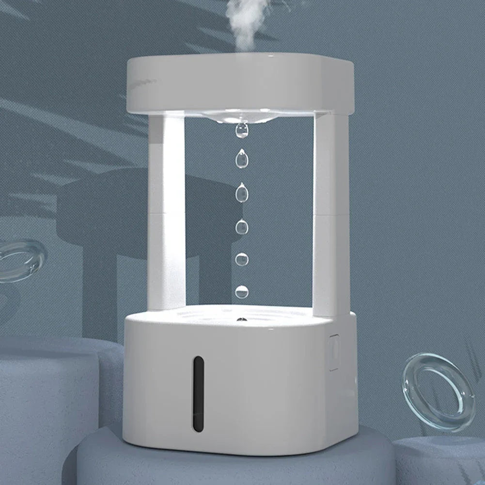 Anti-Gravity Humidifier with mesmerizing levitating water droplet display, compact and portable design for home and office use