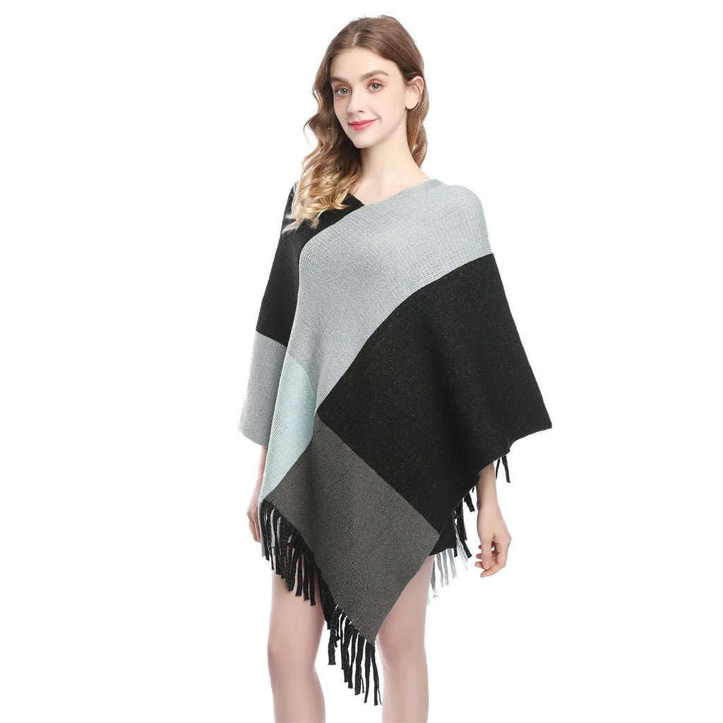 Women's plaid knitted shawl cape with colour contrast patchwork, 60-80cm length, acrylic and artificial wool.