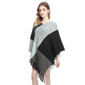 Women's plaid knitted shawl cape with colour contrast patchwork, 60-80cm length, acrylic and artificial wool.