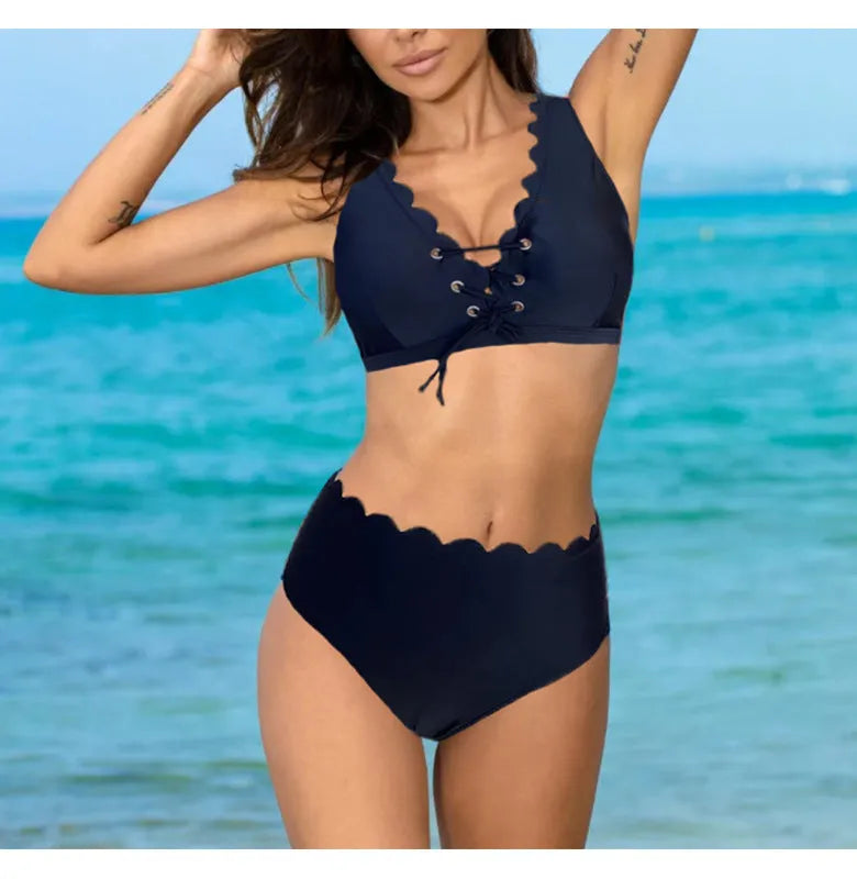Women's solid colour high-waist split swimsuit in red, black or blue options
