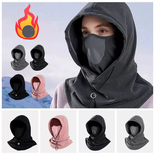 Versatile winter sports mask and hood made of soft, breathable fleece with adjustable drawstring for customized fit