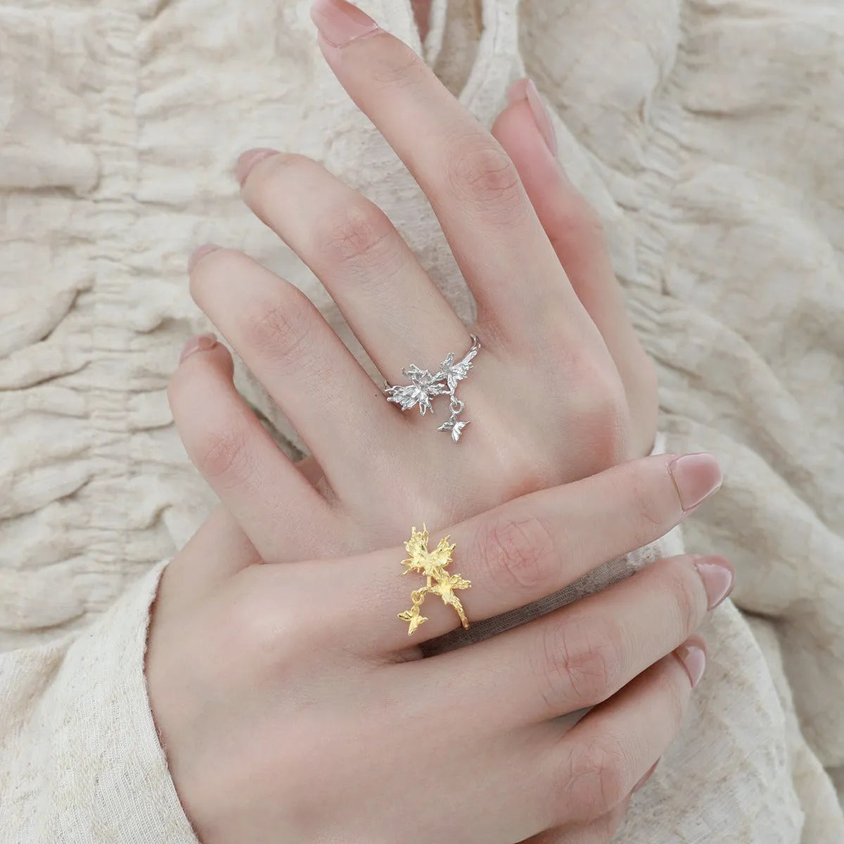 Adjustable silver butterfly ring for women in white gold or 18K gold electroplated finish.