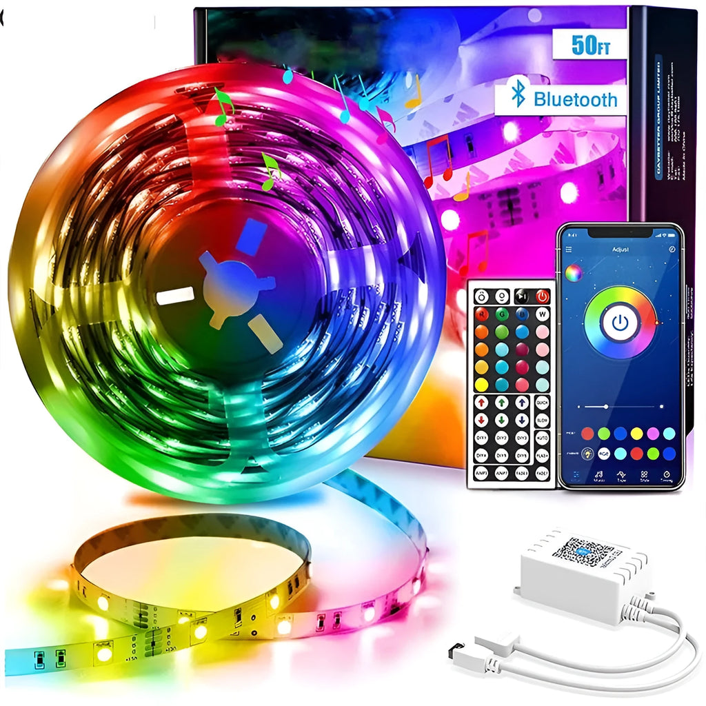 Bluetooth-controlled RGB LED light strip kit with 44-key remote and optional IP65 waterproof coating