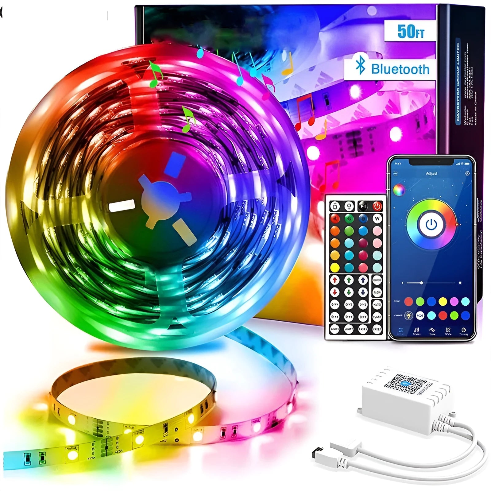Bluetooth-controlled RGB LED light strip kit with 44-key remote and optional IP65 waterproof coating