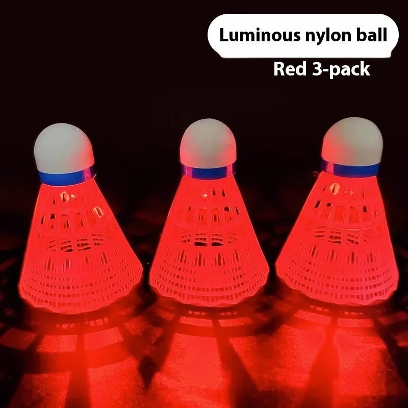 Green and red glowing badminton shuttlecocks for table tennis, shown in goose feather and nylon types.