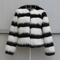 Black and white striped faux fur leather jacket for women, long sleeve street fashion outerwear.