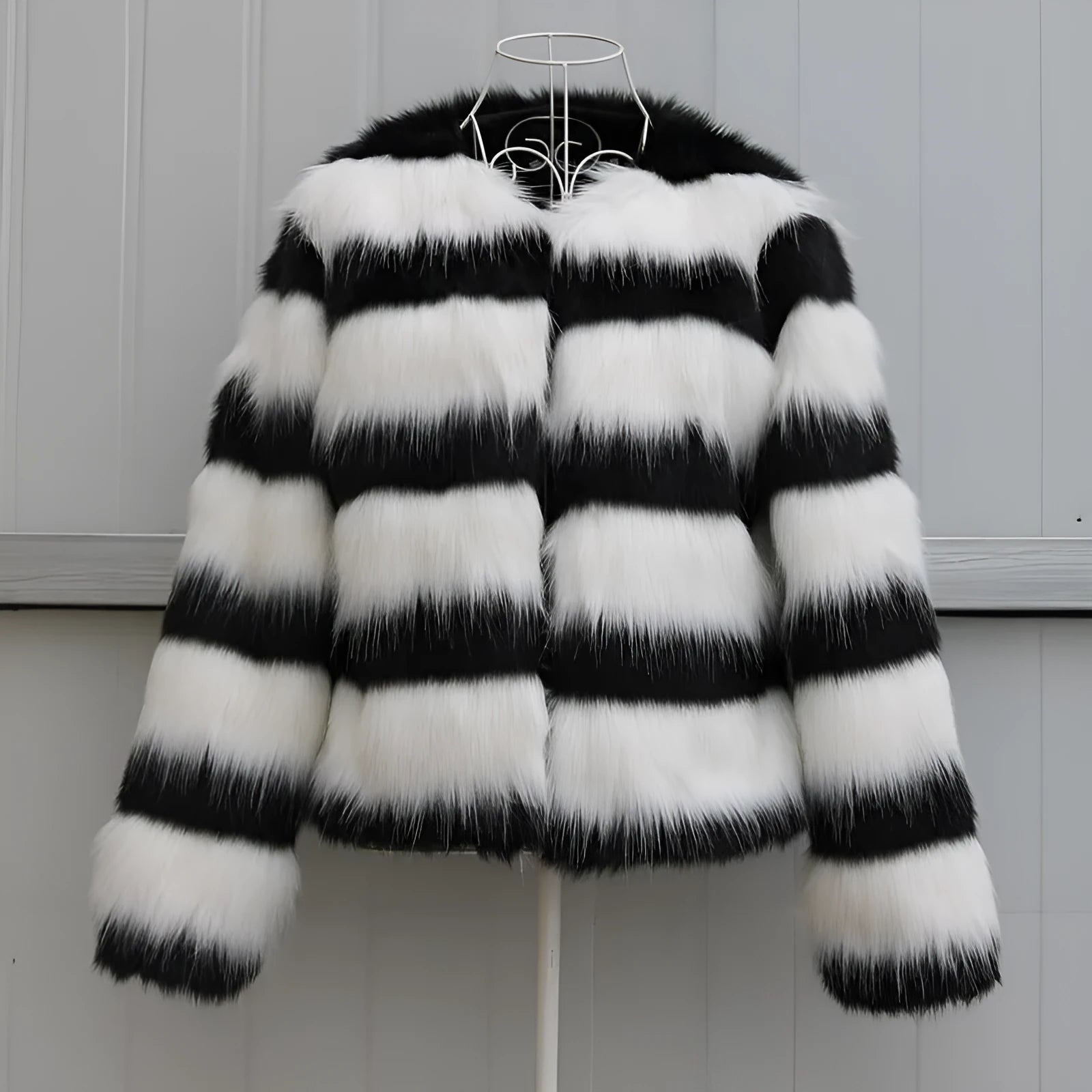 Black and white striped faux fur leather jacket for women, long sleeve street fashion outerwear.