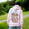Men's casual loose-fitting printed hoodie in khaki colour, side view on model