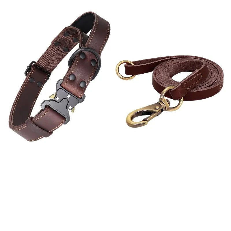 Black leather dog collar with matching explosion-proof pulling rope for large breeds