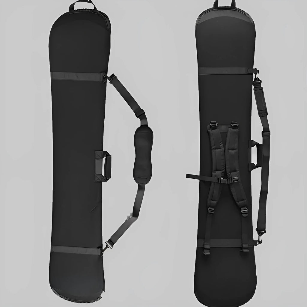 Black 138cm ski board bag with double shoulder straps and velcro veneer fastening for carrying a ski board.