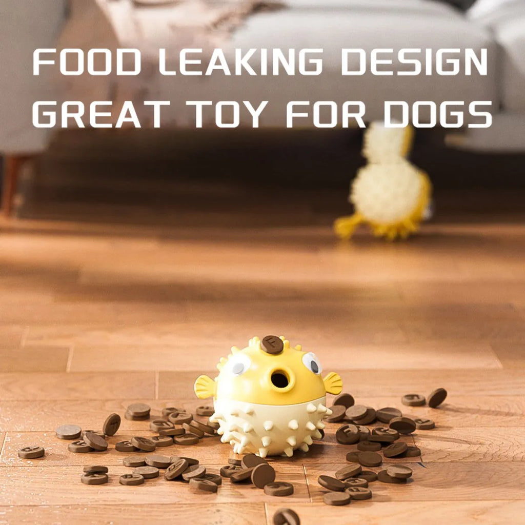 Yellow durable vinyl fish-shaped dog chew toy with squeaker for aggressive chewers.