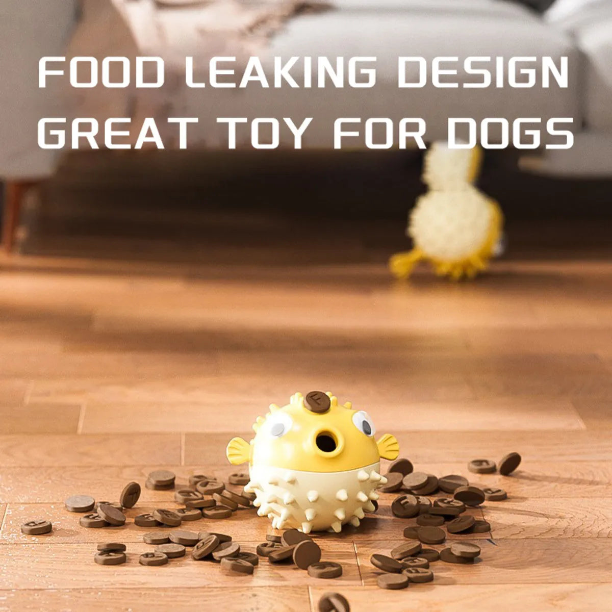 Yellow durable vinyl fish-shaped dog chew toy with squeaker for aggressive chewers.