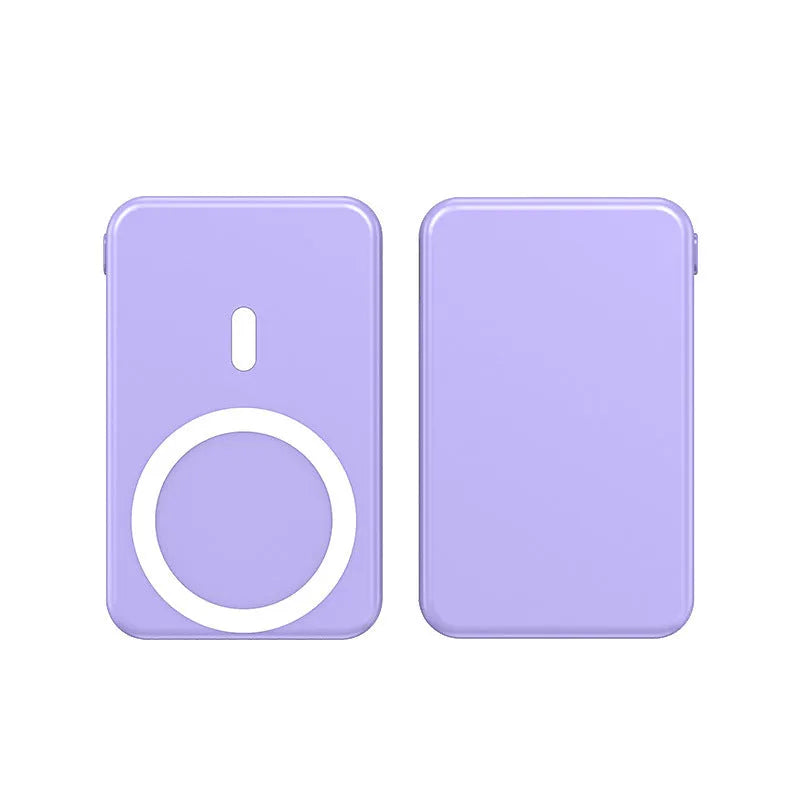 Small portable power bank with magnetic wireless charging for iPhone in black, blue or white colours